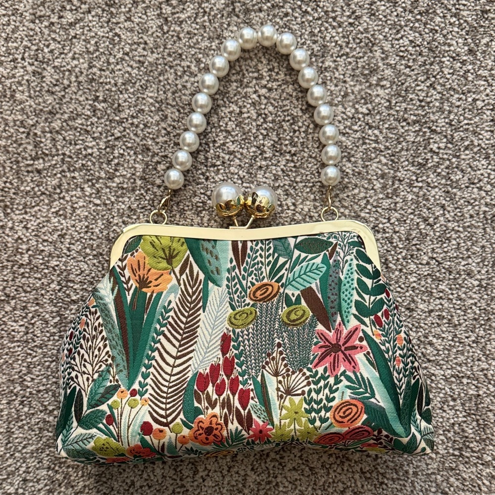 Floral Print Handbag with Pearl Handle